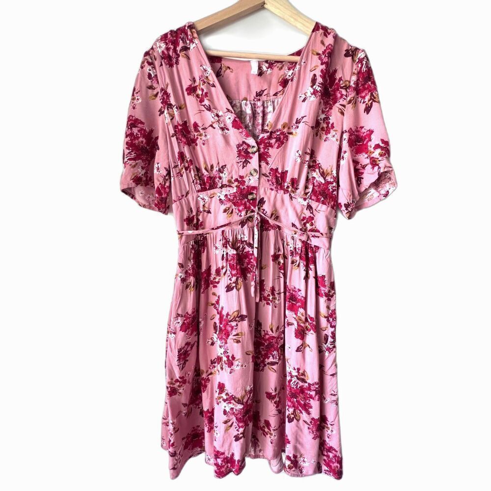Xhilaration Pink red floral dress pockets bottom short sleeve 100% viscose L